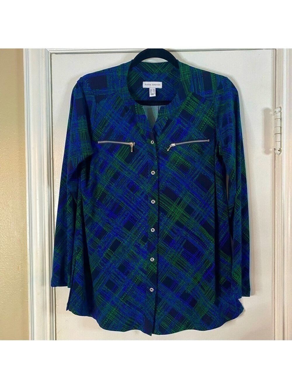 Susan Graver Blue, Green & Black Plaid design Stretch Top Size XS Classic